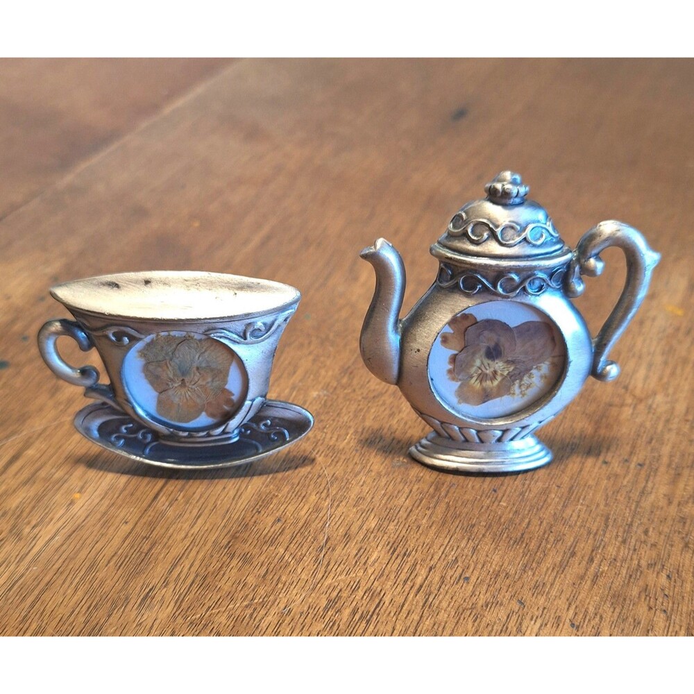 Vintage Pewter Teapot Cup Saucer Miniature Dried Flower Tabletop Frames 2pc Set